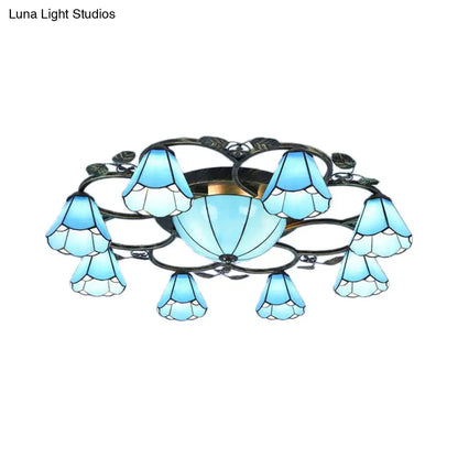 Blue Stained Glass Semi Flush Light with 9/5 Lights for Stairway - Rustic Conical Design