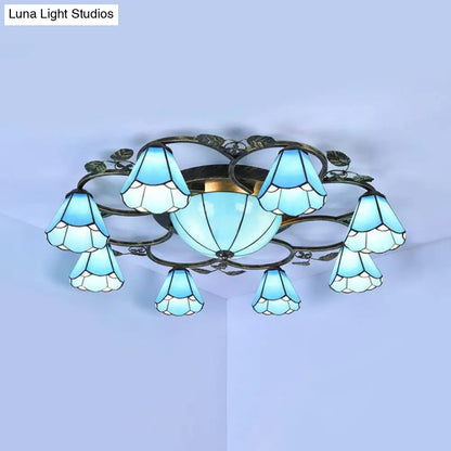 Blue Stained Glass Semi Flush Light with 9/5 Lights for Stairway - Rustic Conical Design