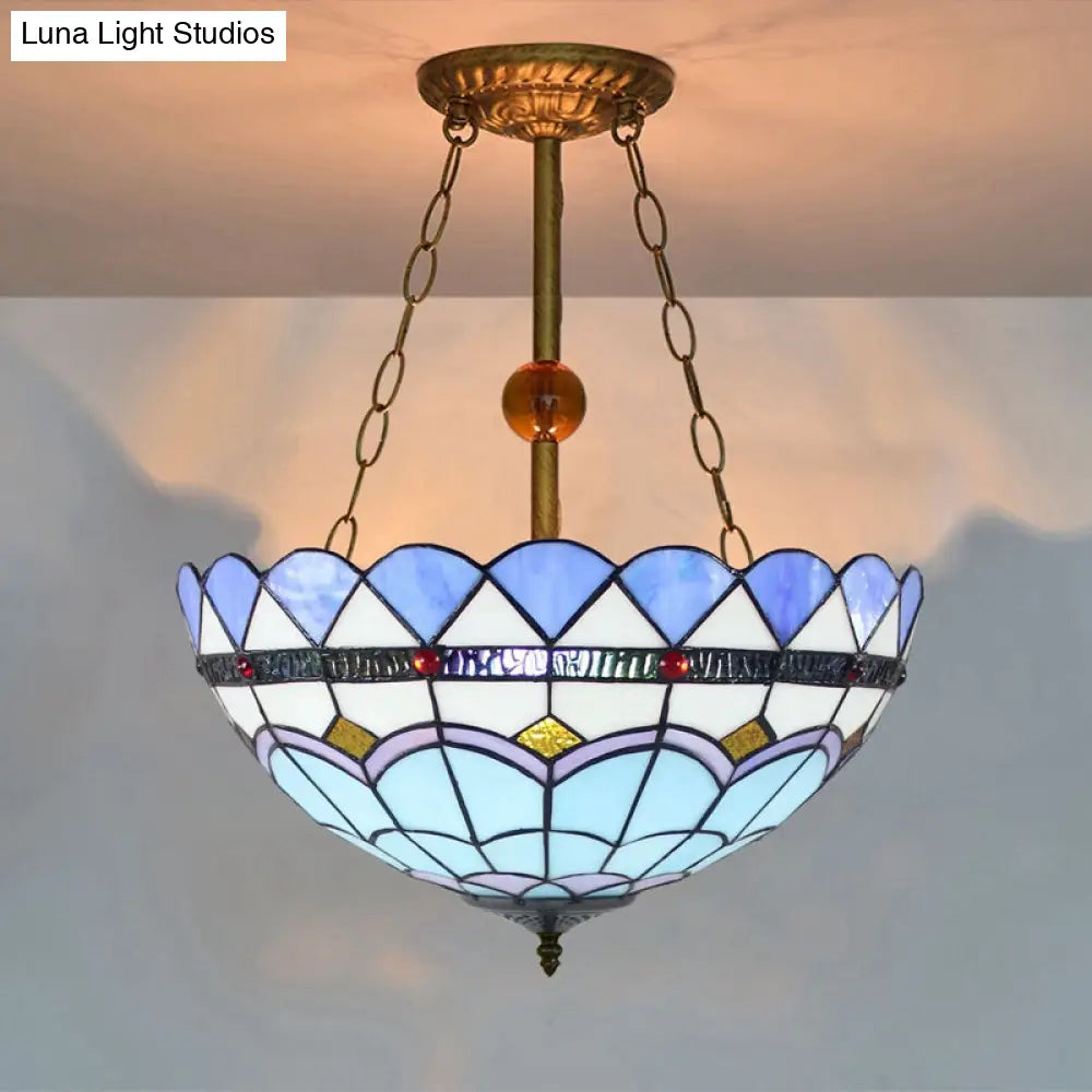 Blue Stained Glass Semi Flush Mount with Inverted Bowl Shade - Mediterranean Style