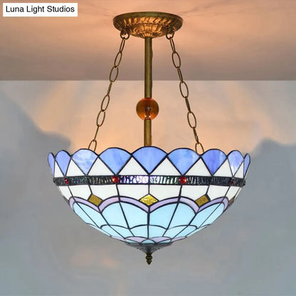 Blue Stained Glass Semi Flush Mount with Inverted Bowl Shade - Mediterranean Style