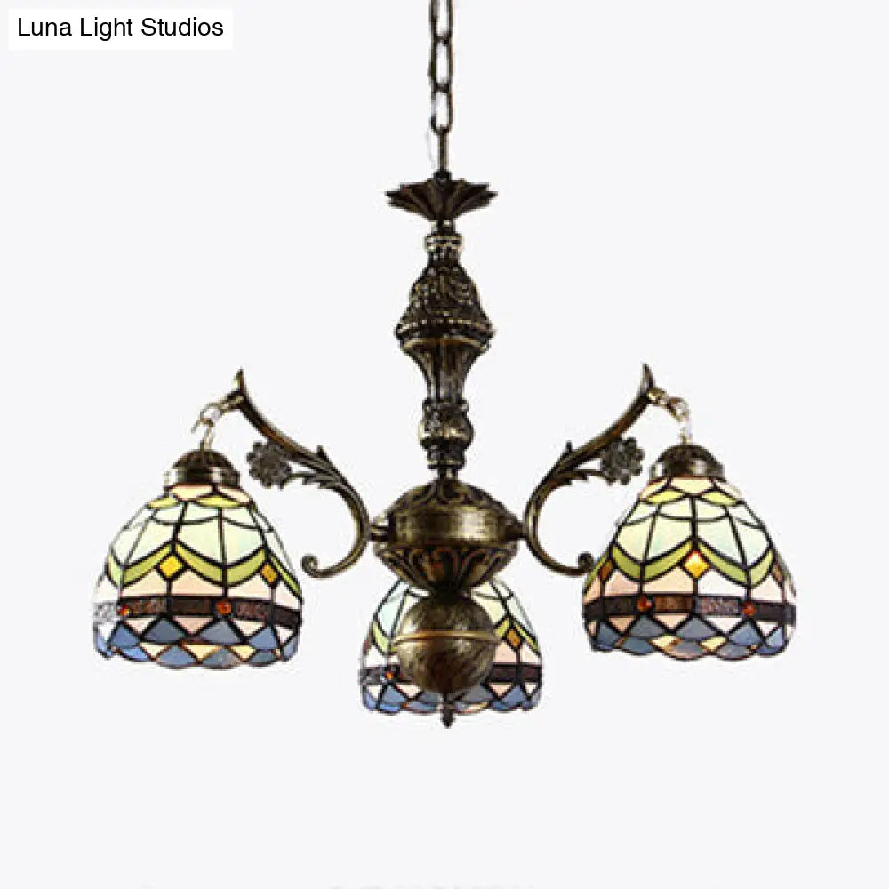 Blue Stained Glass Semi Globe Chandelier with Hanging Chain - Baroque Ceiling Pendant