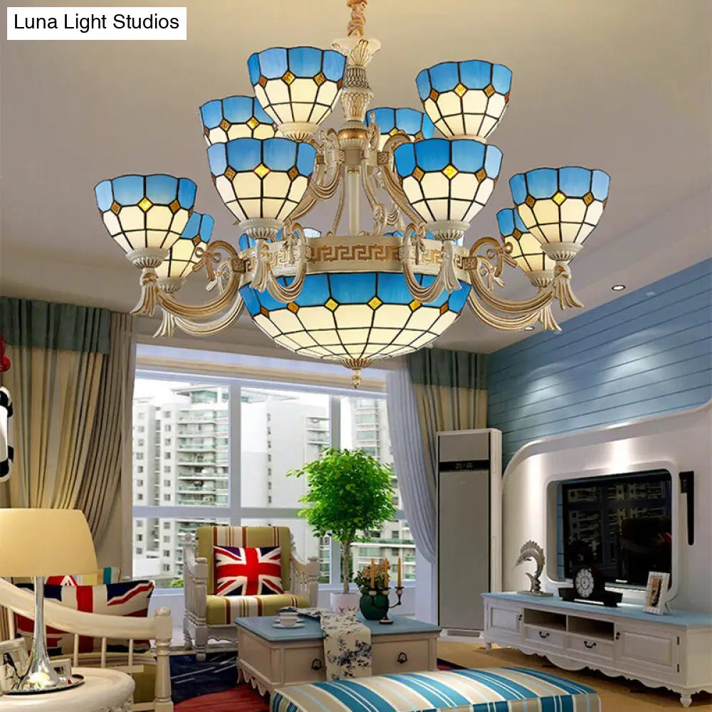 Blue Stained Glass Tiered Chandelier with 15 Lights for Living Room