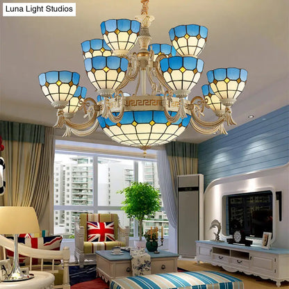Blue Stained Glass Tiered Chandelier with 15 Lights for Living Room