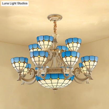 Blue Stained Glass Tiered Chandelier with 15 Lights for Living Room
