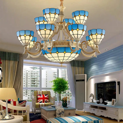 Blue Stained Glass Tiered Chandelier with 15 Lights for Living Room