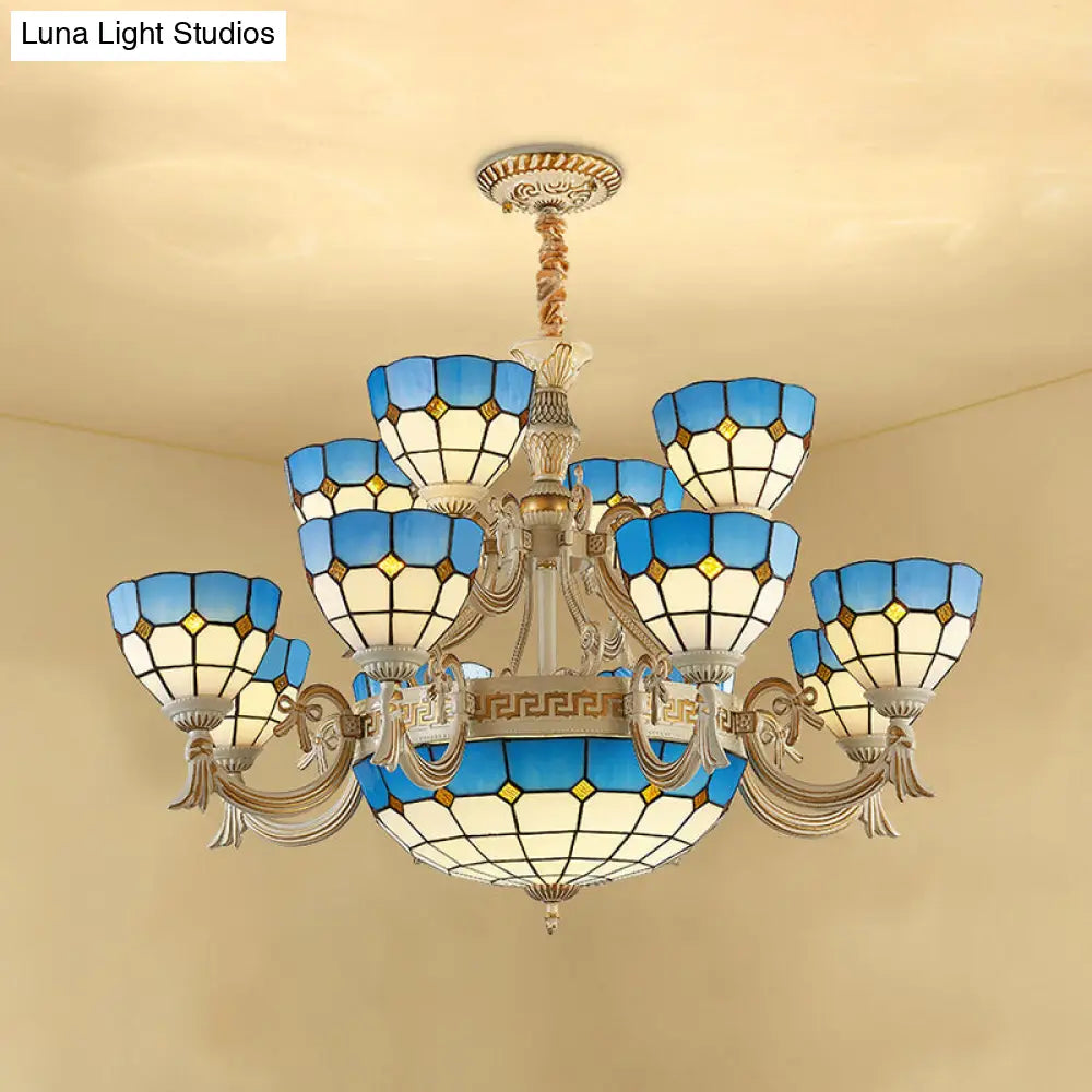 Blue Stained Glass Tiered Chandelier with 15 Lights for Living Room
