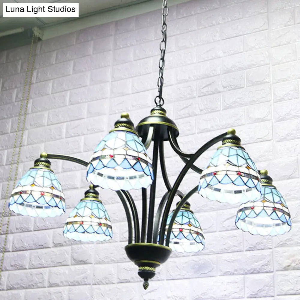 Blue Stained Glass Tiffany Chandelier - 6-Light, 23.5" Wide - Living Room Hanging Light with Adjustable Chain