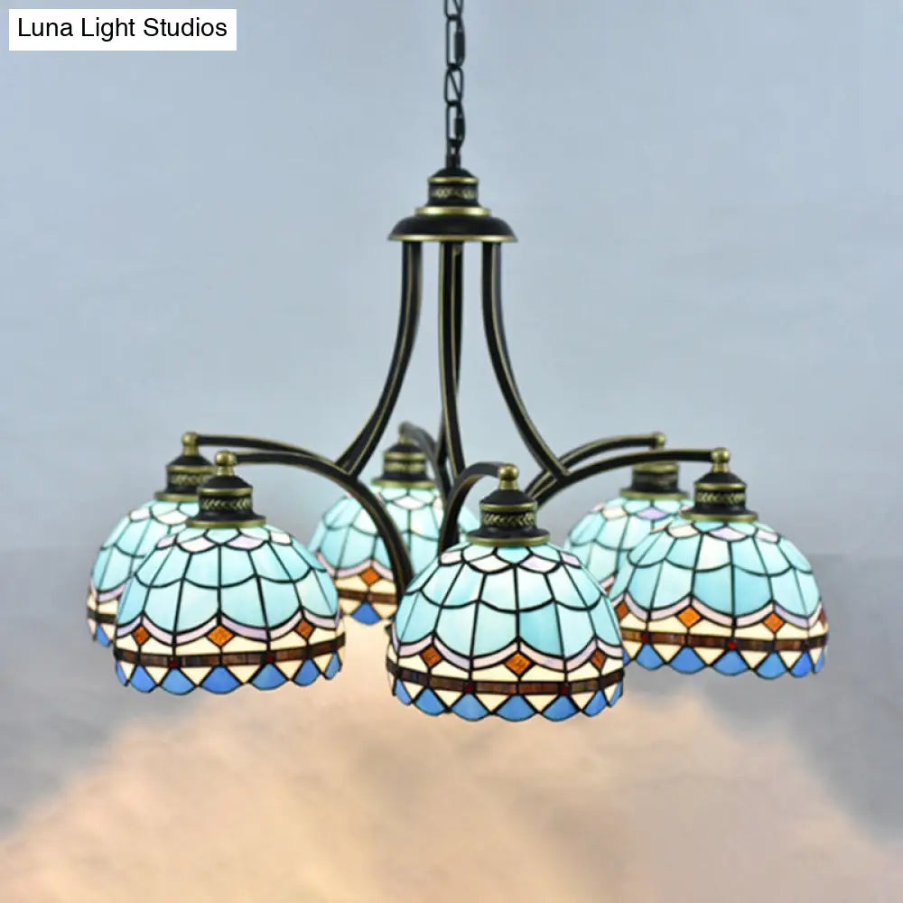 Blue Stained Glass Tiffany Chandelier - 6-Light, 23.5" Wide - Living Room Hanging Light with Adjustable Chain