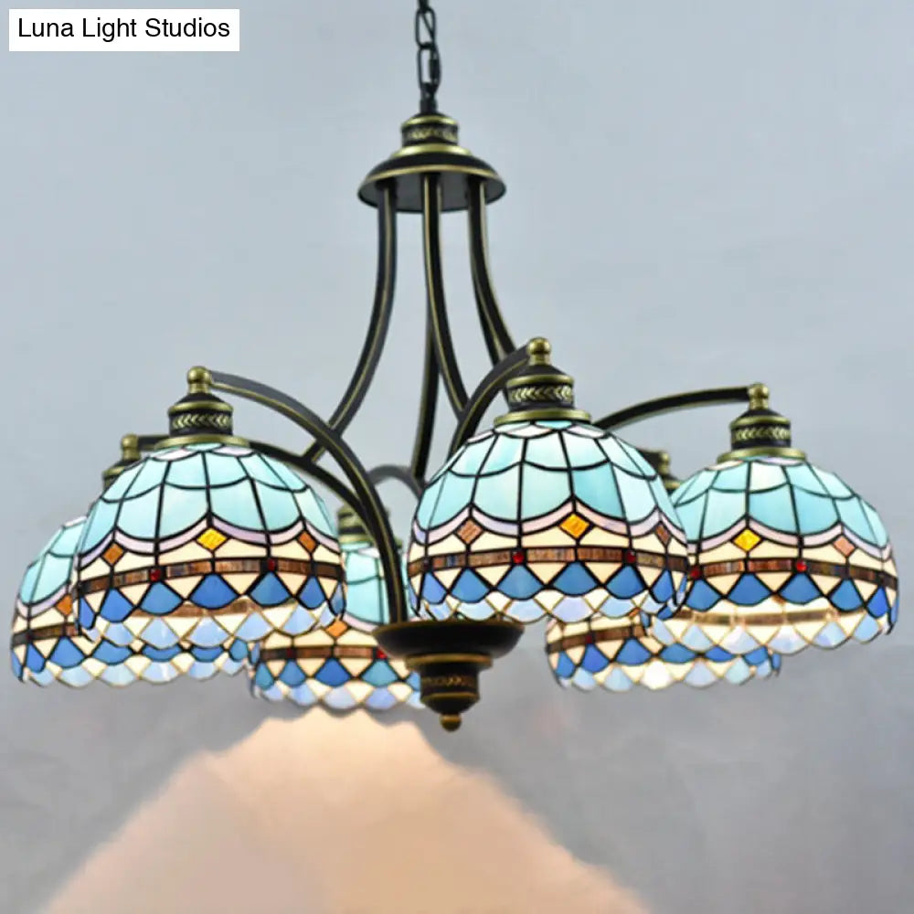 Blue Stained Glass Tiffany Chandelier - 6-Light, 23.5" Wide - Living Room Hanging Light with Adjustable Chain