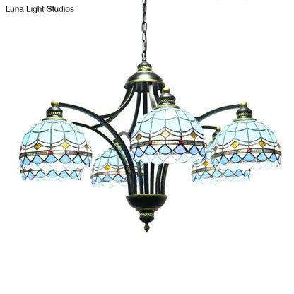 Blue Stained Glass Tiffany Chandelier - 6-Light, 23.5" Wide - Living Room Hanging Light with Adjustable Chain