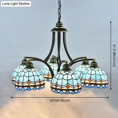 Blue Stained Glass Tiffany Chandelier - 6-Light, 23.5" Wide - Living Room Hanging Light with Adjustable Chain