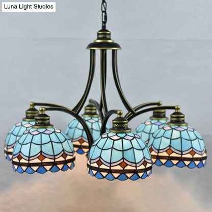 Blue Stained Glass Tiffany Chandelier - 6-Light, 23.5" Wide - Living Room Hanging Light with Adjustable Chain