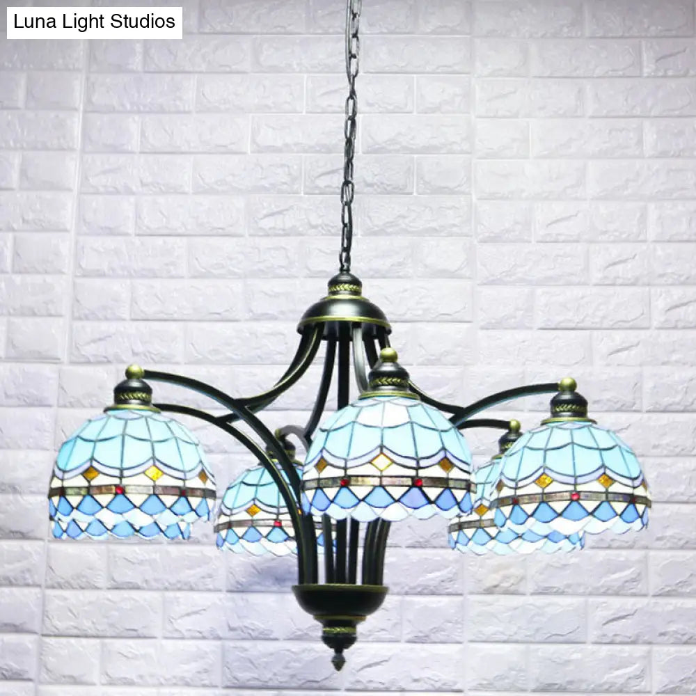 Blue Stained Glass Tiffany Chandelier - 6-Light, 23.5" Wide - Living Room Hanging Light with Adjustable Chain