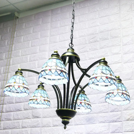 Blue Stained Glass Tiffany Chandelier - 6-Light, 23.5" Wide - Living Room Hanging Light with Adjustable Chain