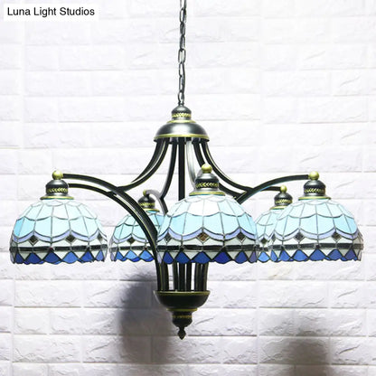 Blue Stained Glass Tiffany Chandelier - 6-Light, 23.5" Wide - Living Room Hanging Light with Adjustable Chain