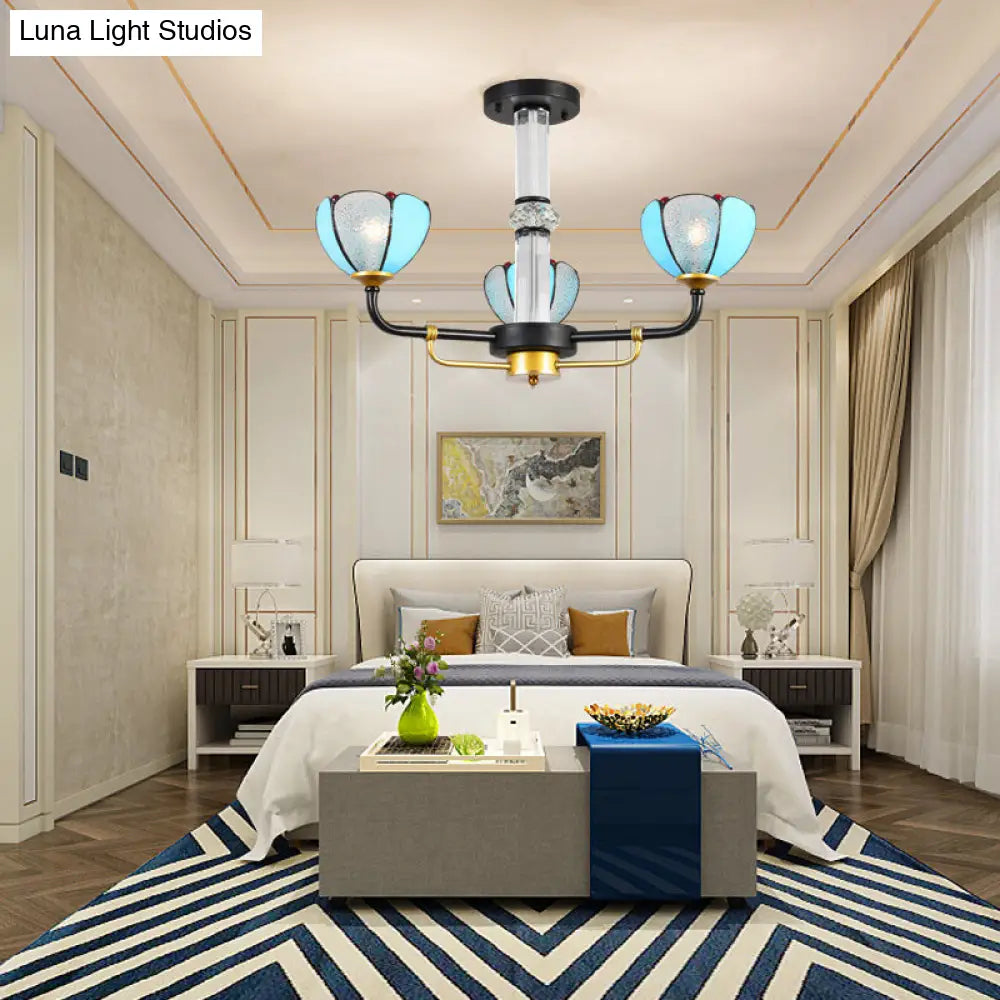 Blue Stained Glass Tiffany Chandelier - Petal Ceiling Hanging Light with 3 Lights for Bedroom