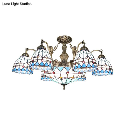 Blue Stained Glass Tiffany Pendant Lamp with 7/9 Light Cone Ceiling Chandelier