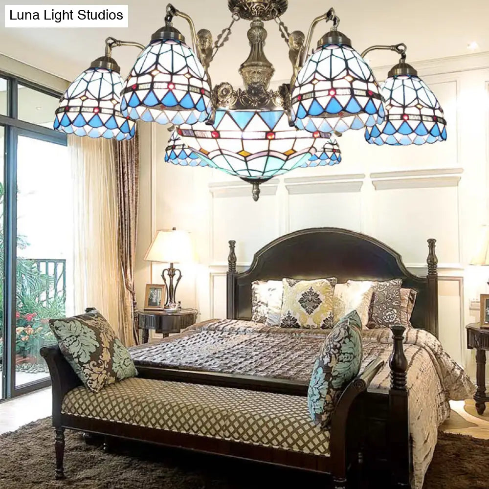 Blue Stained Glass Tiffany Pendant Lamp with 7/9 Light Cone Ceiling Chandelier