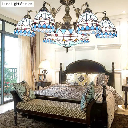 Blue Stained Glass Tiffany Pendant Lamp with 7/9 Light Cone Ceiling Chandelier