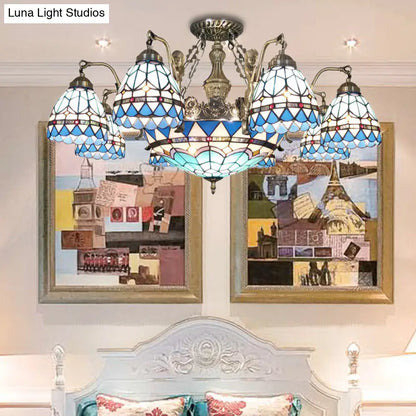 Blue Stained Glass Tiffany Pendant Lamp with 7/9 Light Cone Ceiling Chandelier