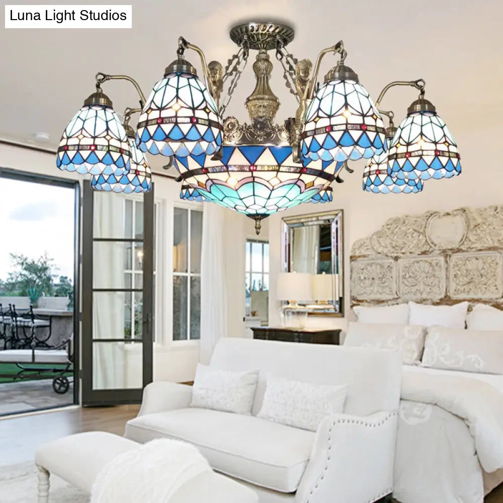 Blue Stained Glass Tiffany Pendant Lamp with 7/9 Light Cone Ceiling Chandelier