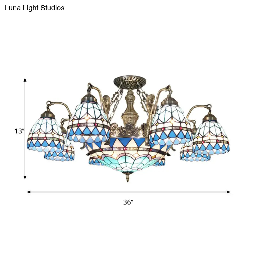 Blue Stained Glass Tiffany Pendant Lamp with 7/9 Light Cone Ceiling Chandelier