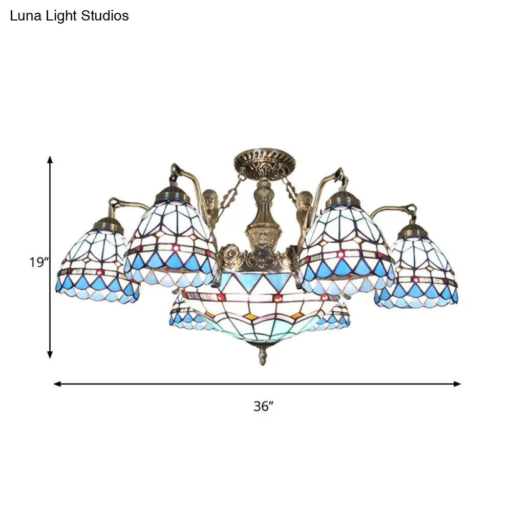 Blue Stained Glass Tiffany Pendant Lamp with 7/9 Light Cone Ceiling Chandelier