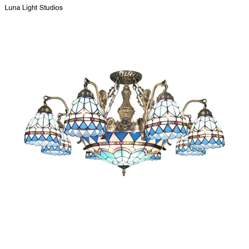 Blue Stained Glass Tiffany Pendant Lamp with 7/9 Light Cone Ceiling Chandelier
