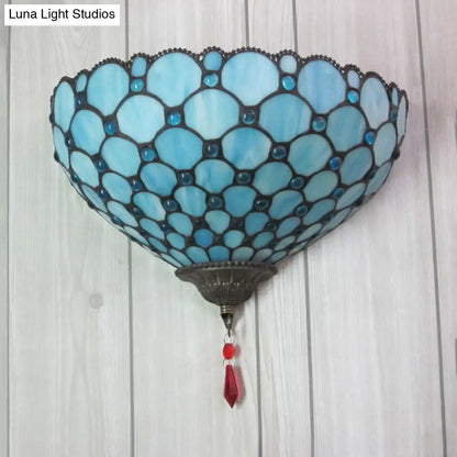Blue Stained Glass Tiffany Style Fish Scale Bowl Wall Mount Light