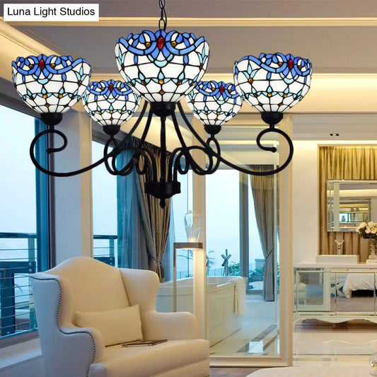 Blue Stained Glass Victorian Pendant Chandelier, 5-Light Indoor Lighting for Foyer