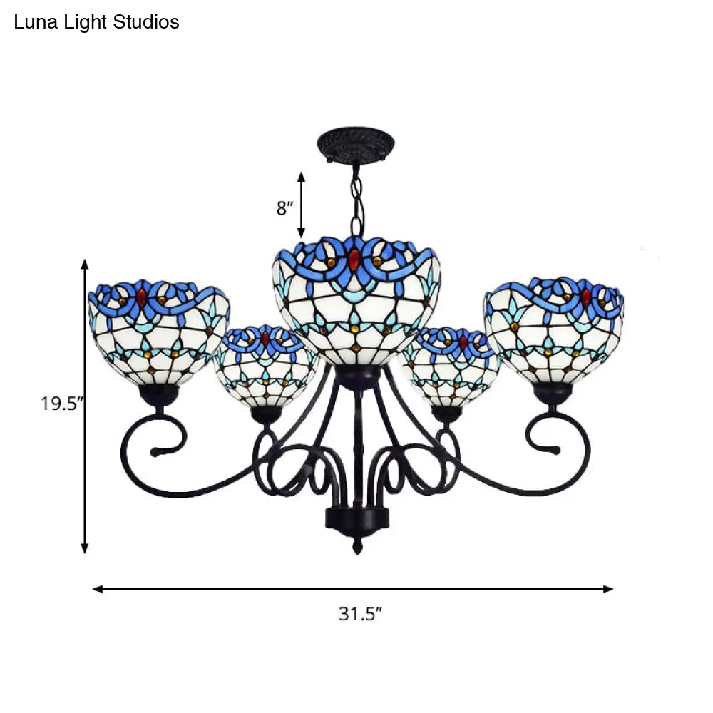 Blue Stained Glass Victorian Pendant Chandelier, 5-Light Indoor Lighting for Foyer