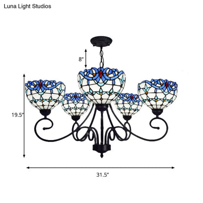 Blue Stained Glass Victorian Pendant Chandelier, 5-Light Indoor Lighting for Foyer