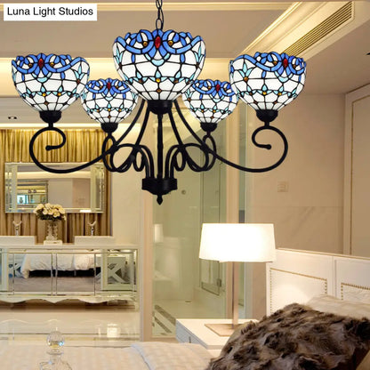 Blue Stained Glass Victorian Pendant Chandelier, 5-Light Indoor Lighting for Foyer
