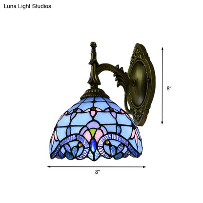 Blue Stained Glass Victorian Wall Sconce with Bowl Shade: Elegant Living Room Wall Lighting