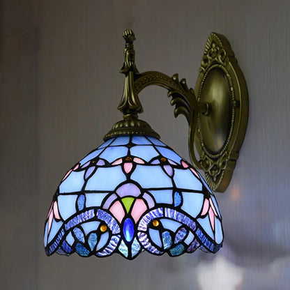 Blue Stained Glass Victorian Wall Sconce with Bowl Shade: Elegant Living Room Wall Lighting