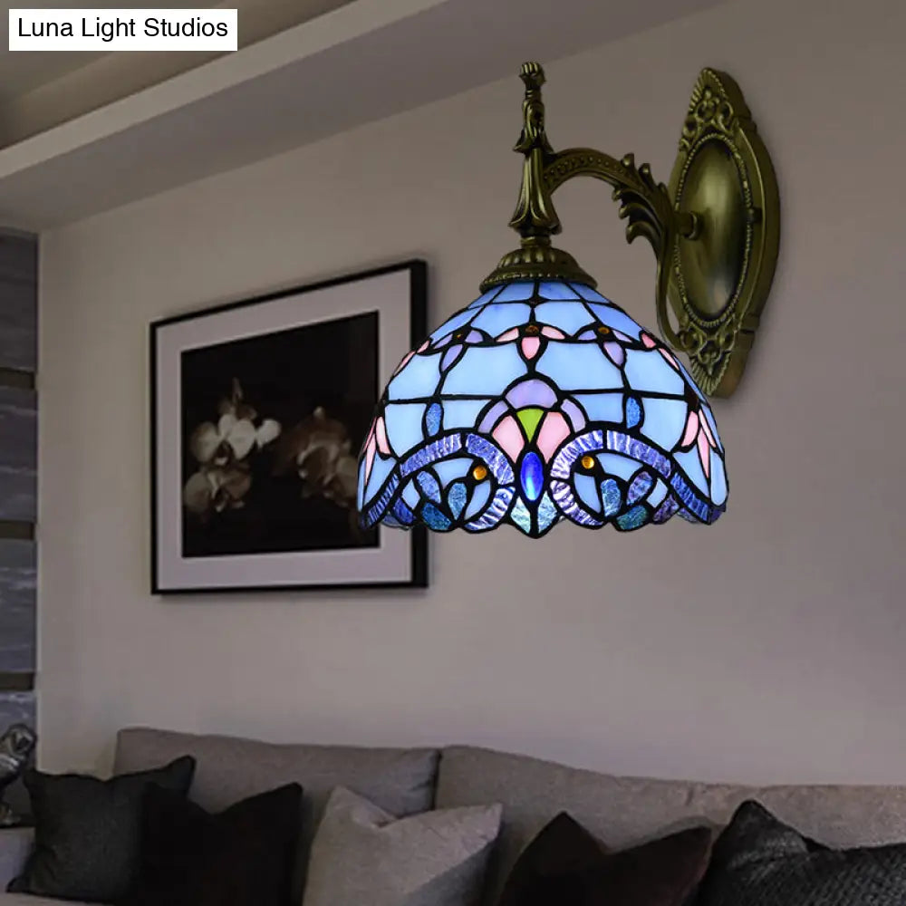 Blue Stained Glass Victorian Wall Sconce with Bowl Shade: Elegant Living Room Wall Lighting