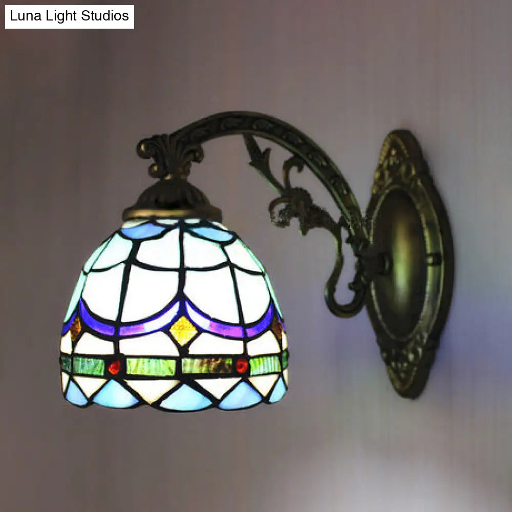 Blue Stained Glass Wall Lamp with Carved Arm - Tiffany Traditional Design - 1 Light