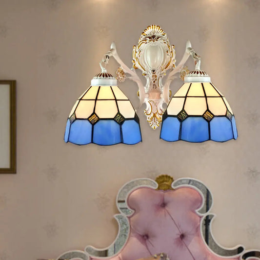 Blue Stained Glass Wall Light with Dome Shade for Corridor - Lodge-inspired Wall Lighting