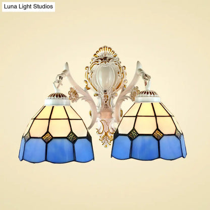 Blue Stained Glass Wall Light with Dome Shade for Corridor - Lodge-inspired Wall Lighting