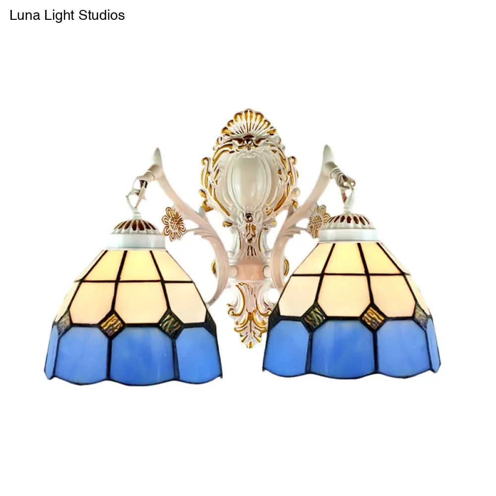Blue Stained Glass Wall Light with Dome Shade for Corridor - Lodge-inspired Wall Lighting