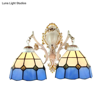 Blue Stained Glass Wall Light with Dome Shade for Corridor - Lodge-inspired Wall Lighting