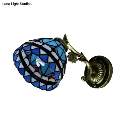 Blue Stained Glass Wall Mount Light - Baroque Style, 1 Light Bowl, Ideal for Corridor Lighting