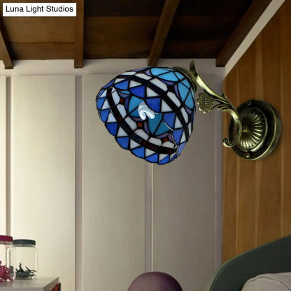 Blue Stained Glass Wall Mount Light - Baroque Style, 1 Light Bowl, Ideal for Corridor Lighting