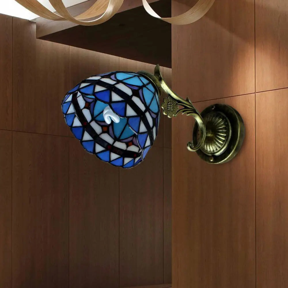 Blue Stained Glass Wall Mount Light - Baroque Style, 1 Light Bowl, Ideal for Corridor Lighting