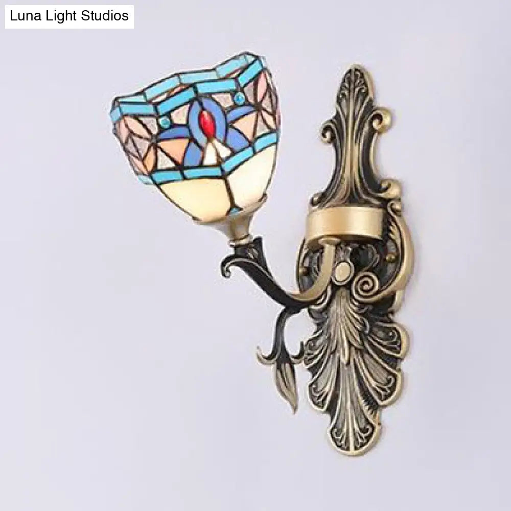 Blue Stained Glass Wall Sconce - Baroque/Flower/Gem/Magnolia Pattern Tiffany Design - 1 Light Indoor Lighting