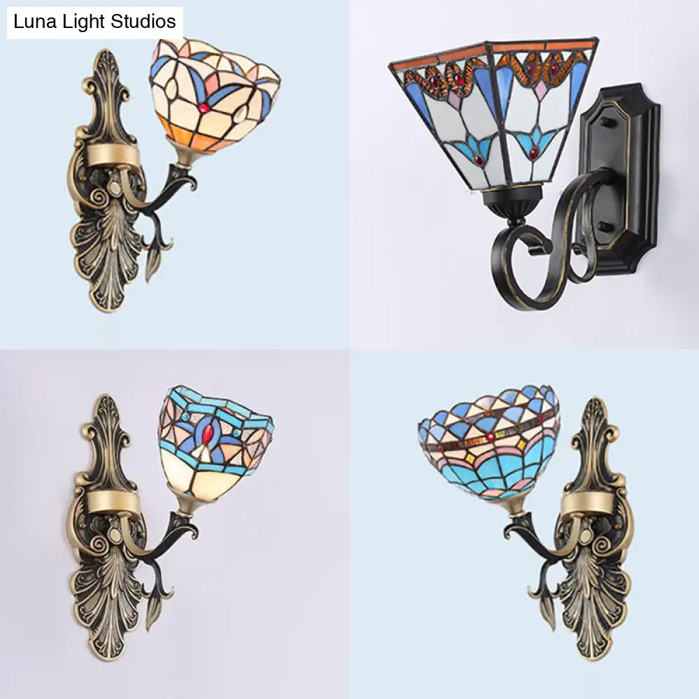 Blue Stained Glass Wall Sconce - Baroque/Flower/Gem/Magnolia Pattern Tiffany Design - 1 Light Indoor Lighting