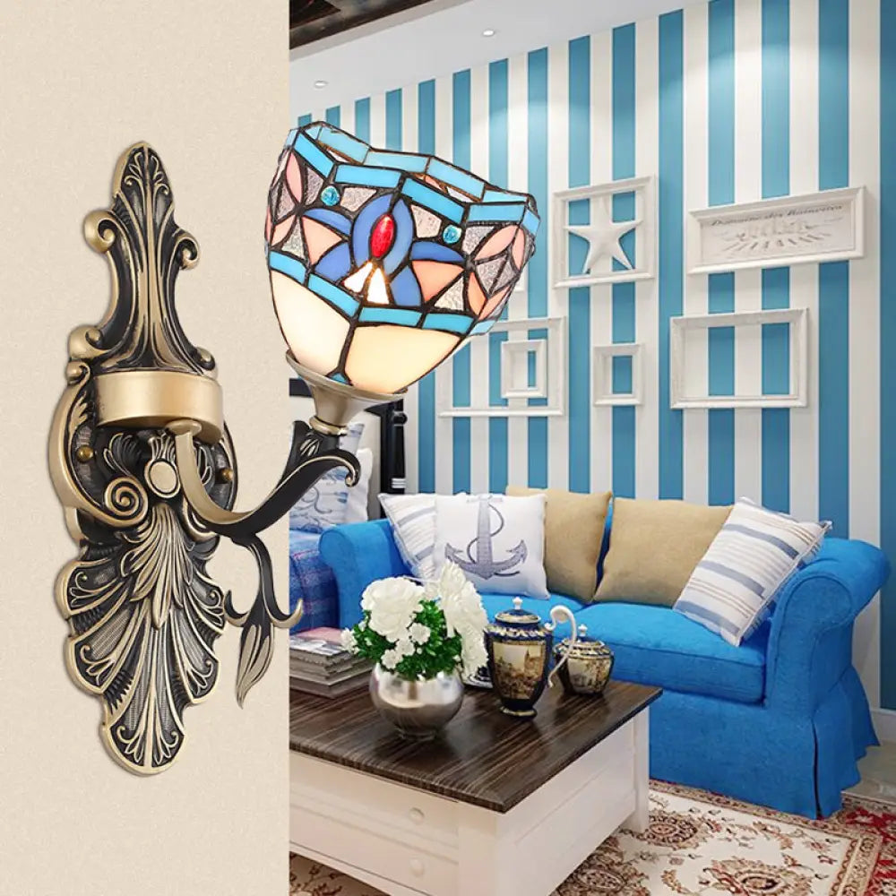 Blue Stained Glass Wall Sconce - Baroque/Flower/Gem/Magnolia Pattern Tiffany Design - 1 Light Indoor Lighting