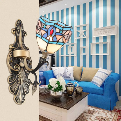 Blue Stained Glass Wall Sconce - Baroque/Flower/Gem/Magnolia Pattern Tiffany Design - 1 Light Indoor Lighting