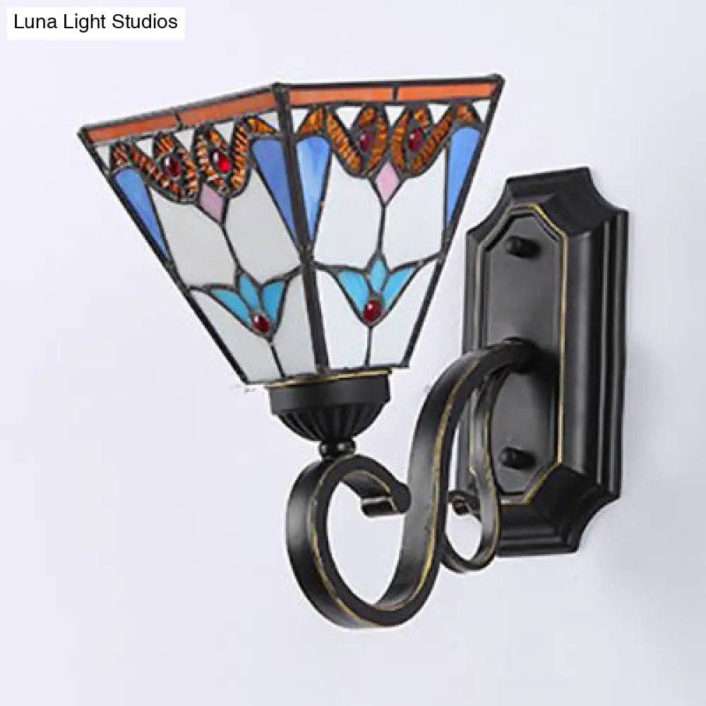 Blue Stained Glass Wall Sconce - Baroque/Flower/Gem/Magnolia Pattern Tiffany Design - 1 Light Indoor Lighting