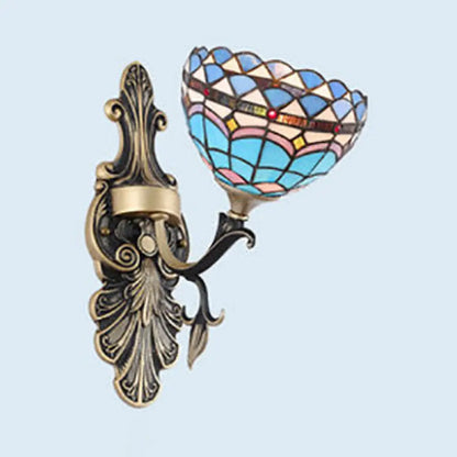 Blue Stained Glass Wall Sconce - Baroque/Flower/Gem/Magnolia Pattern Tiffany Design - 1 Light Indoor Lighting